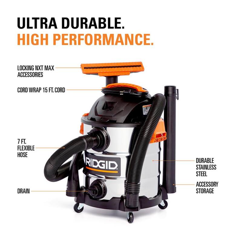 RIDGID 10 Gallon 6.0 Peak HP Stainless Steel Shop Vac Wet Dry Vacuum with Filter, Dust Bags, Locking Hose and Accessories - WD1060A