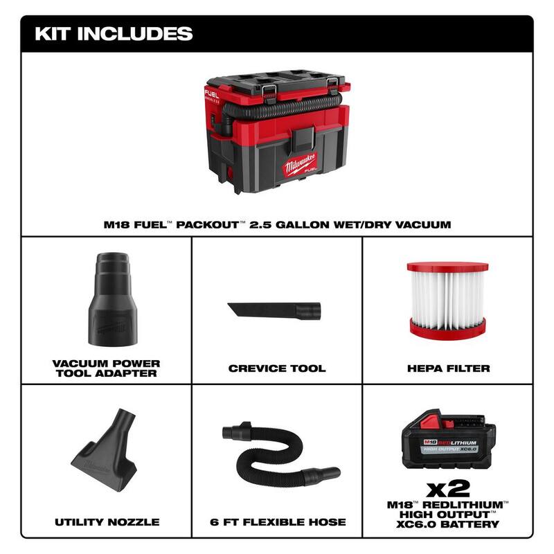 Milwaukee M18 FUEL PACKOUT 18-Volt Lithium-Ion Cordless 2.5 Gal. Wet/Dry Vacuum with (2) M18 HIGH OUTPUT 6.0 Ah Batteries - 0970-20-48-11-1862