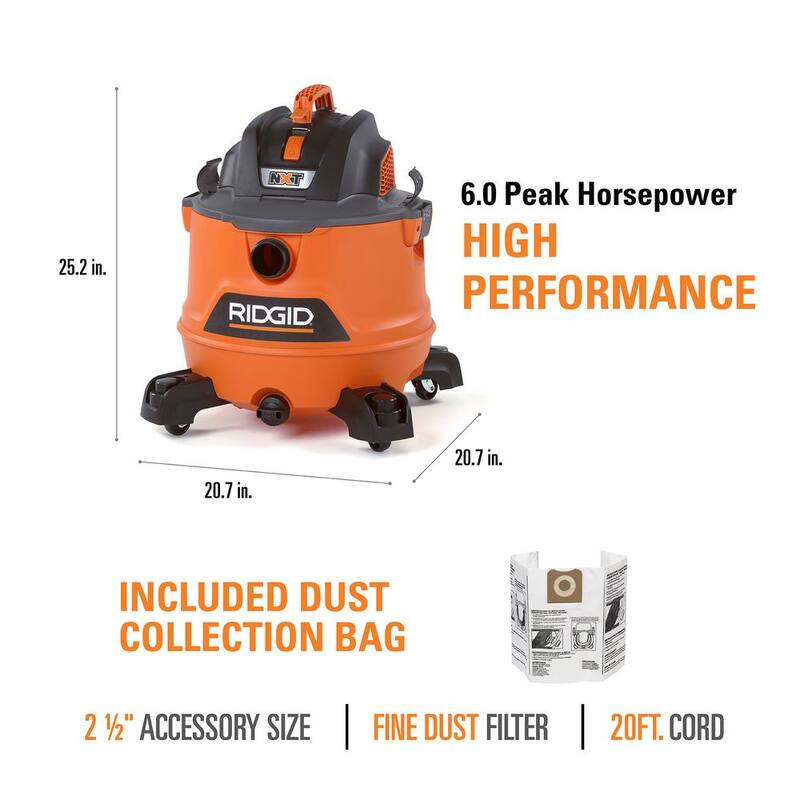 RIDGID 14 Gallon 6.0 Peak HP NXT Shop Vac Wet Dry Vacuum with Fine Dust Filter, Dust Bags, Locking Hose and Accessories - HD1400A