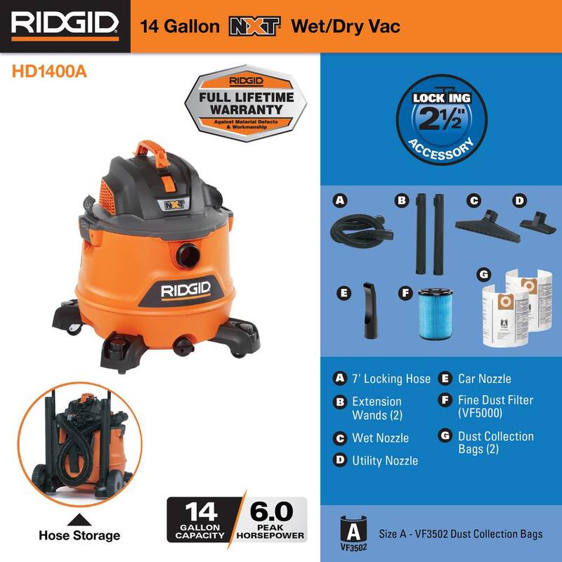 RIDGID 14 Gallon 6.0 Peak HP NXT Shop Vac Wet Dry Vacuum with Fine Dust Filter, Dust Bags, Locking Hose and Accessories - HD1400A