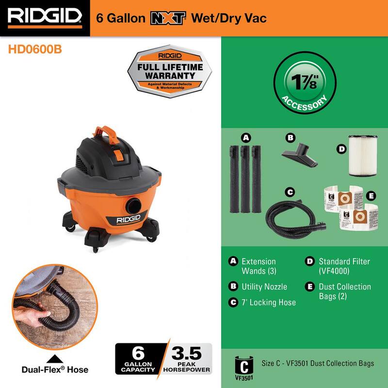 RIDGID 6 Gallon 3.5 Peak HP NXT Shop Vac Wet Dry Vacuum with General Debris Filter, Dust Bags, Locking Hose and Accessories - HD0600B