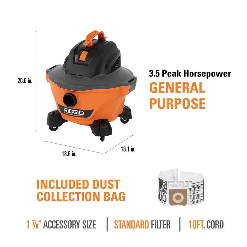 RIDGID 6 Gallon 3.5 Peak HP NXT Shop Vac Wet Dry Vacuum with General Debris Filter, Dust Bags, Locking Hose and Accessories - HD0600B