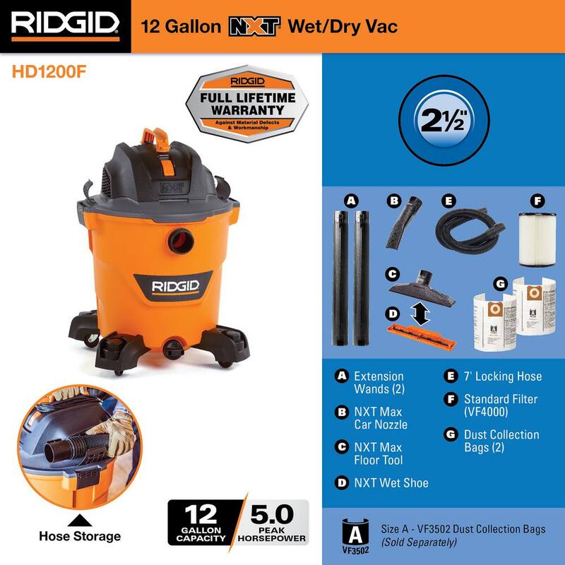 RIDGID 12 Gallon 5.0 Peak HP NXT Shop Vac Wet Dry Vacuum with Filter, Dust Collection Bags, Locking Hose and Accessories - HD1200F
