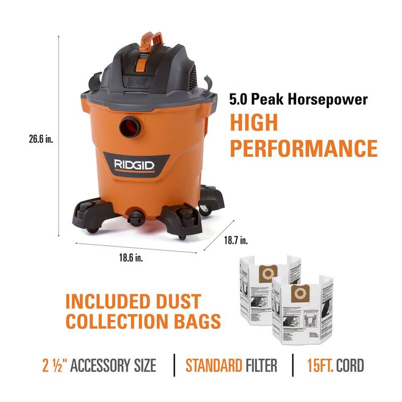 RIDGID 12 Gallon 5.0 Peak HP NXT Shop Vac Wet Dry Vacuum with Filter, Dust Collection Bags, Locking Hose and Accessories - HD1200F