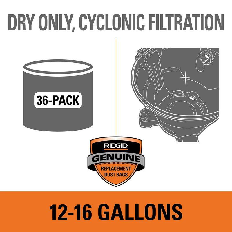 RIDGID Wet Dry Vacuum Premium Cyclonic Dry Pick-up Only Dust Bags for Select 12-16 Gallon RIDGID Shop Vacs, Size A (36-Pack) - VF3602D