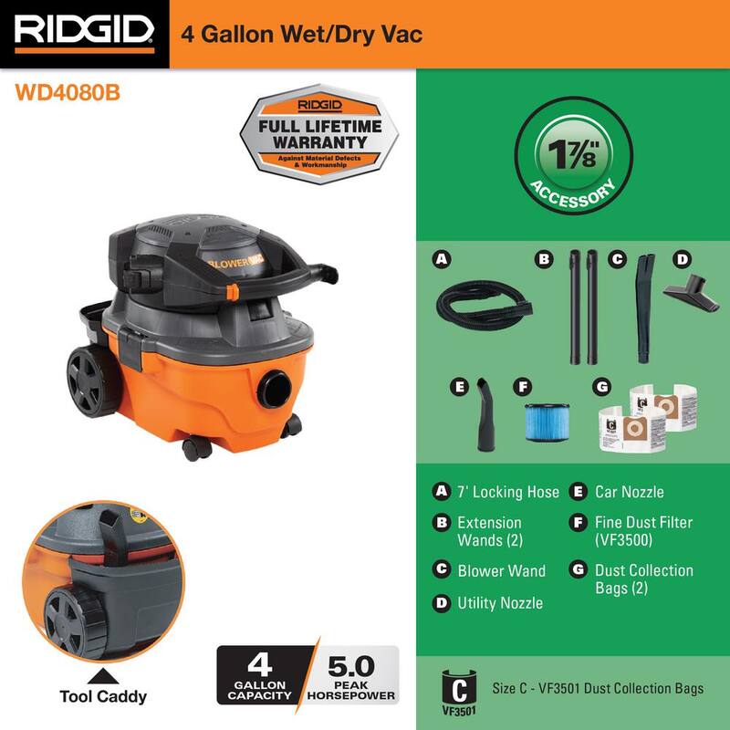 RIDGID 4 Gallon 6.0 Peak HP Shop Vac Wet Dry Vacuum with Detachable Blower, Fine Dust Filter, Dust Bags, Hose and Accessories - WD4080B