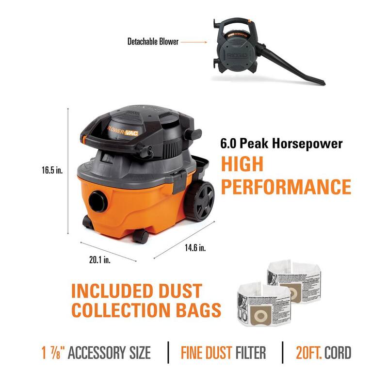 RIDGID 4 Gallon 6.0 Peak HP Shop Vac Wet Dry Vacuum with Detachable Blower, Fine Dust Filter, Dust Bags, Hose and Accessories - WD4080B