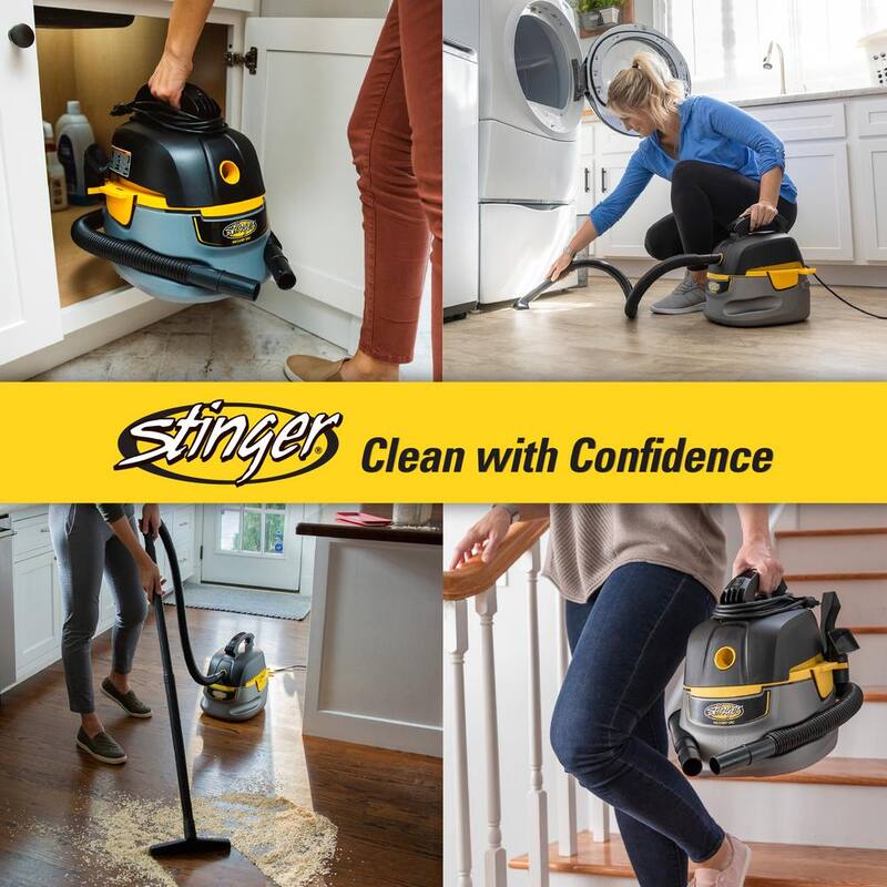 Stinger 2.5 Gallon 1.75 Peak HP Small Shop Vac Wet Dry Vacuum with 6 Filter Bags, Hose, Utility and Car Nozzle Attachments - HD2025A