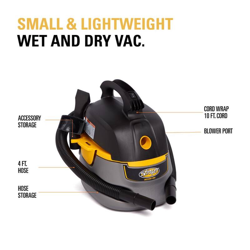 Stinger 2.5 Gallon 1.75 Peak HP Small Shop Vac Wet Dry Vacuum with 6 Filter Bags, Hose, Utility and Car Nozzle Attachments - HD2025A