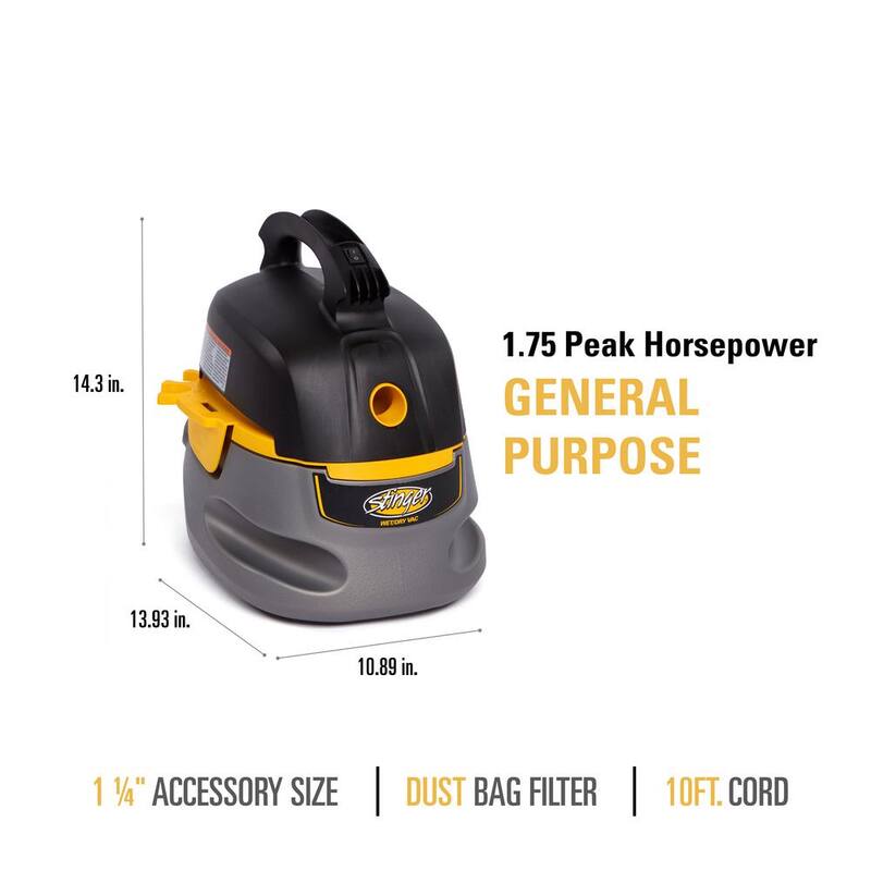Stinger 2.5 Gallon 1.75 Peak HP Small Shop Vac Wet Dry Vacuum with 6 Filter Bags, Hose, Utility and Car Nozzle Attachments - HD2025A