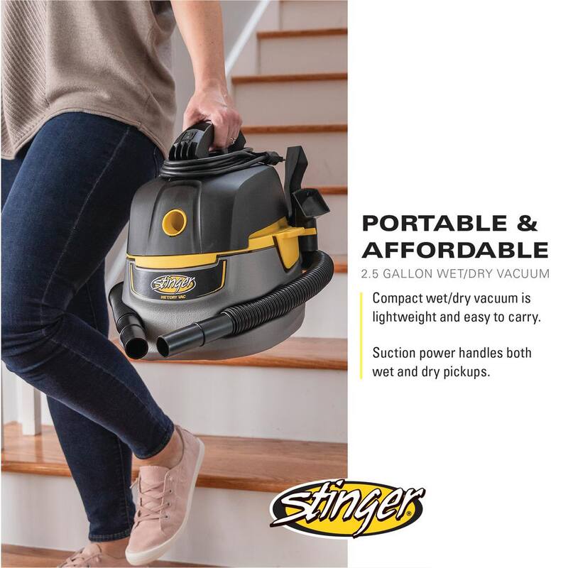 Stinger 2.5 Gallon 1.75 Peak HP Small Shop Vac Wet Dry Vacuum with 6 Filter Bags, Hose, Utility and Car Nozzle Attachments - HD2025A