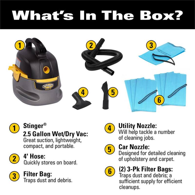 Stinger 2.5 Gallon 1.75 Peak HP Small Shop Vac Wet Dry Vacuum with 6 Filter Bags, Hose, Utility and Car Nozzle Attachments - HD2025A
