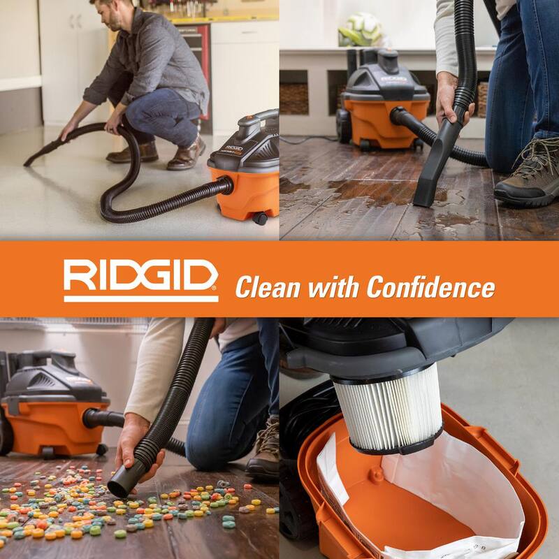 RIDGID 4 Gallon 5.0 Peak HP Portable Shop Vac Wet Dry Vacuum with Fine Dust Filter, Dust Bags, Hose, and Accessory Attachments - WD4070D