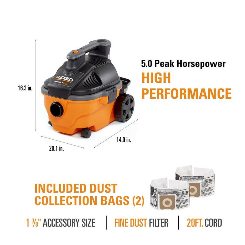 RIDGID 4 Gallon 5.0 Peak HP Portable Shop Vac Wet Dry Vacuum with Fine Dust Filter, Dust Bags, Hose, and Accessory Attachments - WD4070D