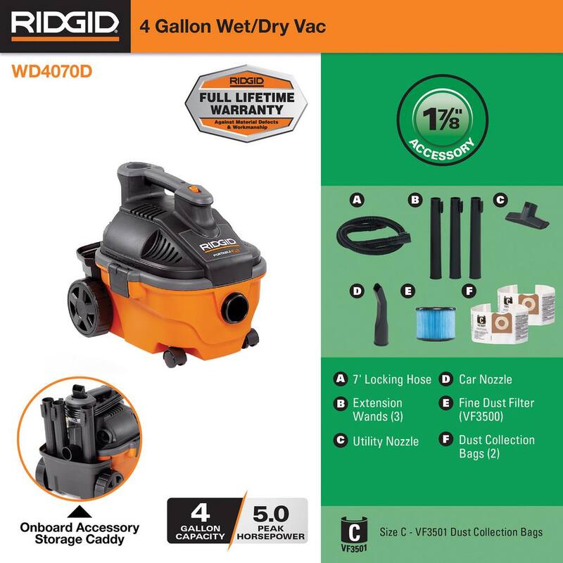 RIDGID 4 Gallon 5.0 Peak HP Portable Shop Vac Wet Dry Vacuum with Fine Dust Filter, Dust Bags, Hose, and Accessory Attachments - WD4070D