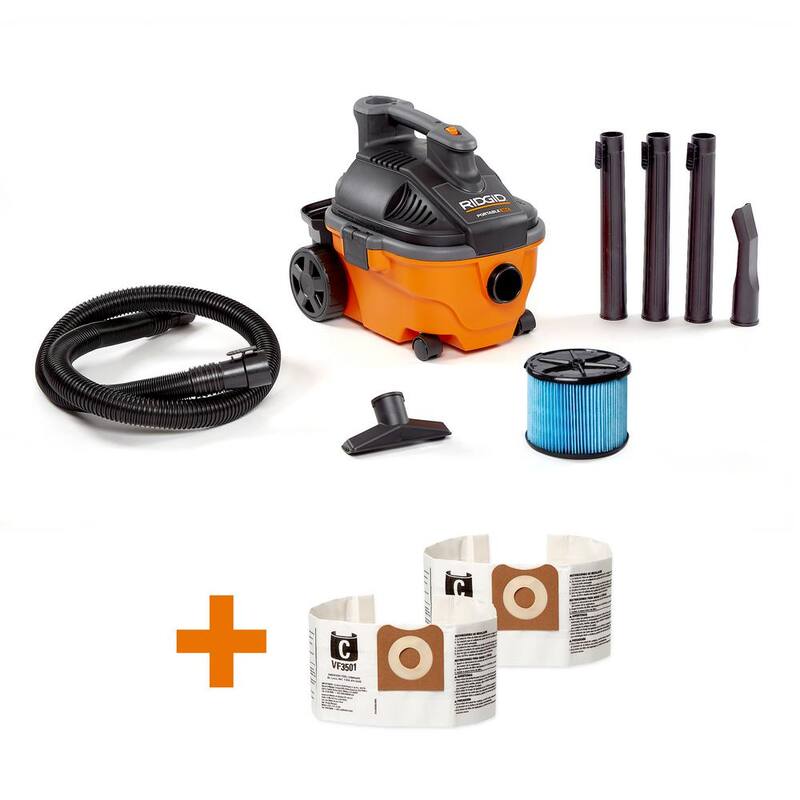 RIDGID 4 Gallon 5.0 Peak HP Portable Shop Vac Wet Dry Vacuum with Fine Dust Filter, Dust Bags, Hose, and Accessory Attachments - WD4070D