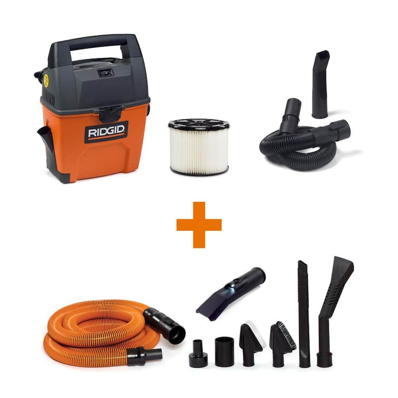 RIDGID 3 Gal 3.5 Peak HP Handheld Shop Vac Wet Dry Vacuum with RIDGID SWEEP Dust Pan, Hose, LED Car Nozzle, Car Cleaning Kit - WD3050C