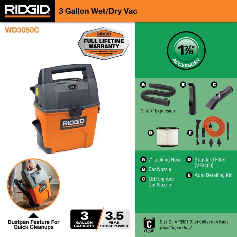RIDGID 3 Gal 3.5 Peak HP Handheld Shop Vac Wet Dry Vacuum with RIDGID SWEEP Dust Pan, Hose, LED Car Nozzle, Car Cleaning Kit - WD3050C