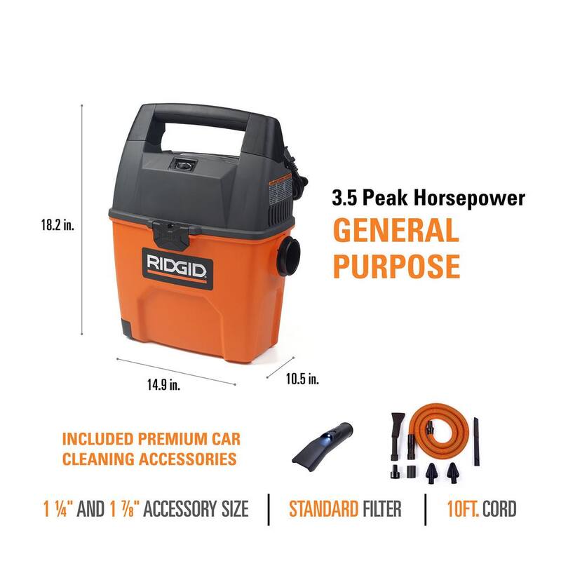 RIDGID 3 Gal 3.5 Peak HP Handheld Shop Vac Wet Dry Vacuum with RIDGID SWEEP Dust Pan, Hose, LED Car Nozzle, Car Cleaning Kit - WD3050C