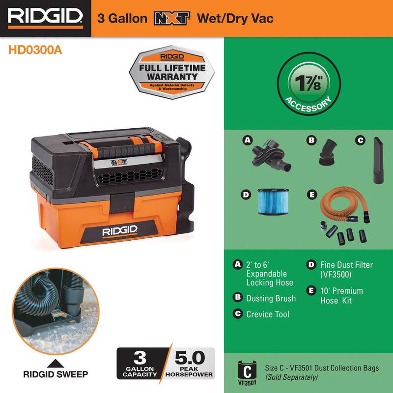 RIDGID 3 Gallon 5.0 Peak HP NXT Shop Vac Wet Dry Vacuum with Fine Dust Filter, Expandable Hose, 10 ft. Pro Hose and Accessories - HD0300A