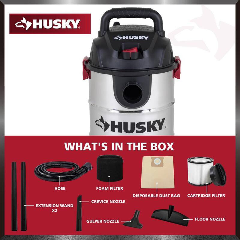 Husky 6 Gal. Stainless Steel Wet/Dry Vac with Filter, Hose, and Accessories - AT18304-6B