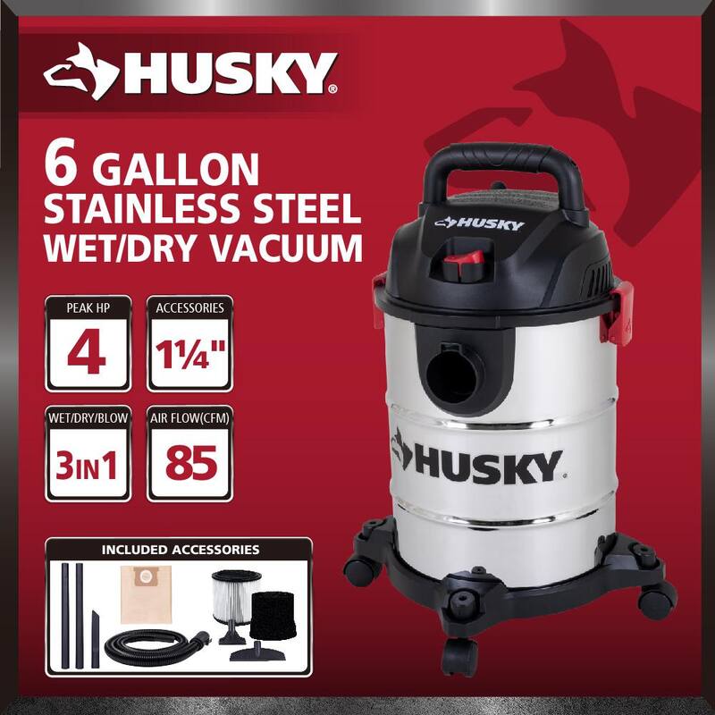 Husky 6 Gal. Stainless Steel Wet/Dry Vac with Filter, Hose, and Accessories - AT18304-6B
