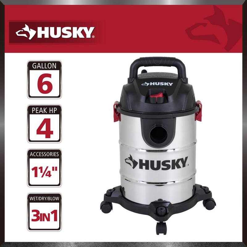 Husky 6 Gal. Stainless Steel Wet/Dry Vac with Filter, Hose, and Accessories - AT18304-6B