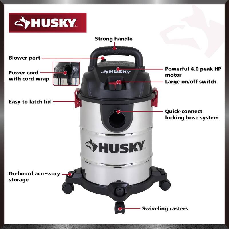 Husky 6 Gal. Stainless Steel Wet/Dry Vac with Filter, Hose, and Accessories - AT18304-6B