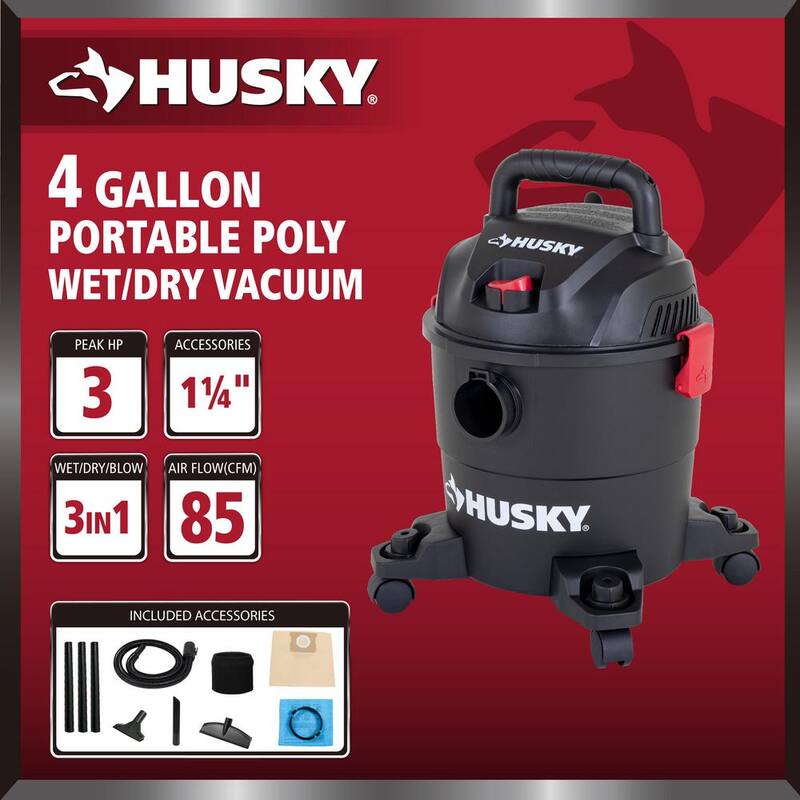Husky 4 Gal. Poly Wet/Dry Vac with Filter, Hose, and Accessories - AT18303P-4A