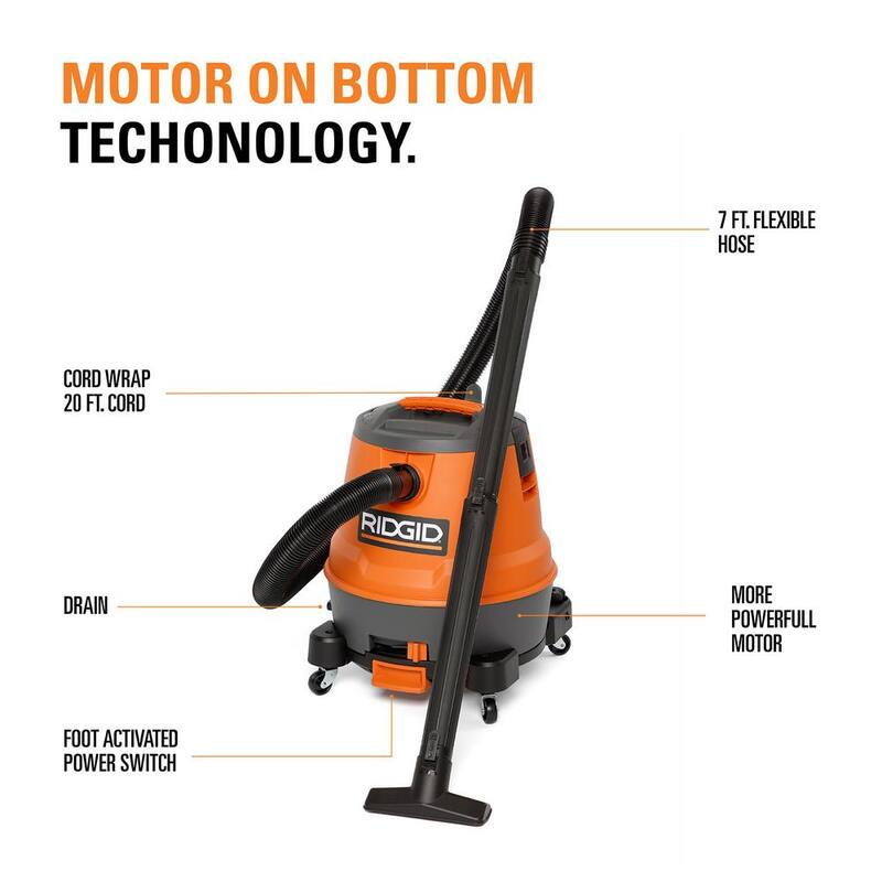 RIDGID 12 Gallon 6.5 Peak HP Motor-On-Bottom Shop Vac Wet Dry Vacuum with Fine Dust Filter, Hose and Accessory Attachments - MOB1200