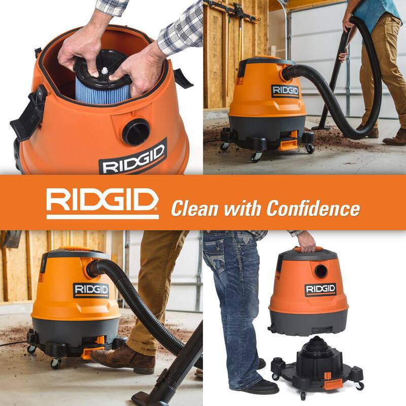 RIDGID 12 Gallon 6.5 Peak HP Motor-On-Bottom Shop Vac Wet Dry Vacuum with Fine Dust Filter, Hose and Accessory Attachments - MOB1200