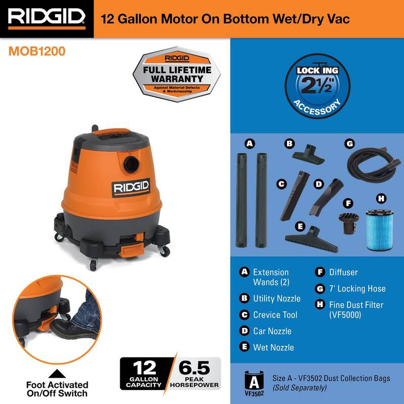 RIDGID 12 Gallon 6.5 Peak HP Motor-On-Bottom Shop Vac Wet Dry Vacuum with Fine Dust Filter, Hose and Accessory Attachments - MOB1200