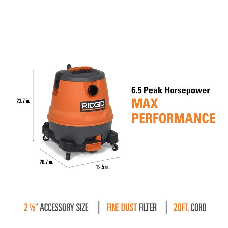 RIDGID 12 Gallon 6.5 Peak HP Motor-On-Bottom Shop Vac Wet Dry Vacuum with Fine Dust Filter, Hose and Accessory Attachments - MOB1200