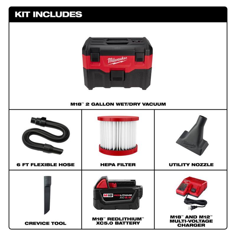 Milwaukee M18 18-Volt 2 Gal. Lithium-Ion Cordless Wet/Dry Vacuum with M18 XC 5.0 Ah Starter Kit - 0880-20-48-59-1850