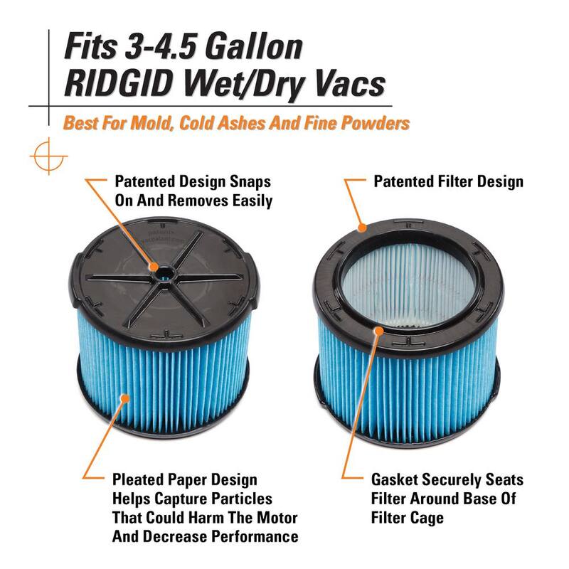 RIDGID Fine Dust Pleated Paper Wet Dry Vacuum Shop Vac Filter Replacement for Most 3-4.5 Gallon RIDGID Shop Vacs (8-Pack) - VF3500B