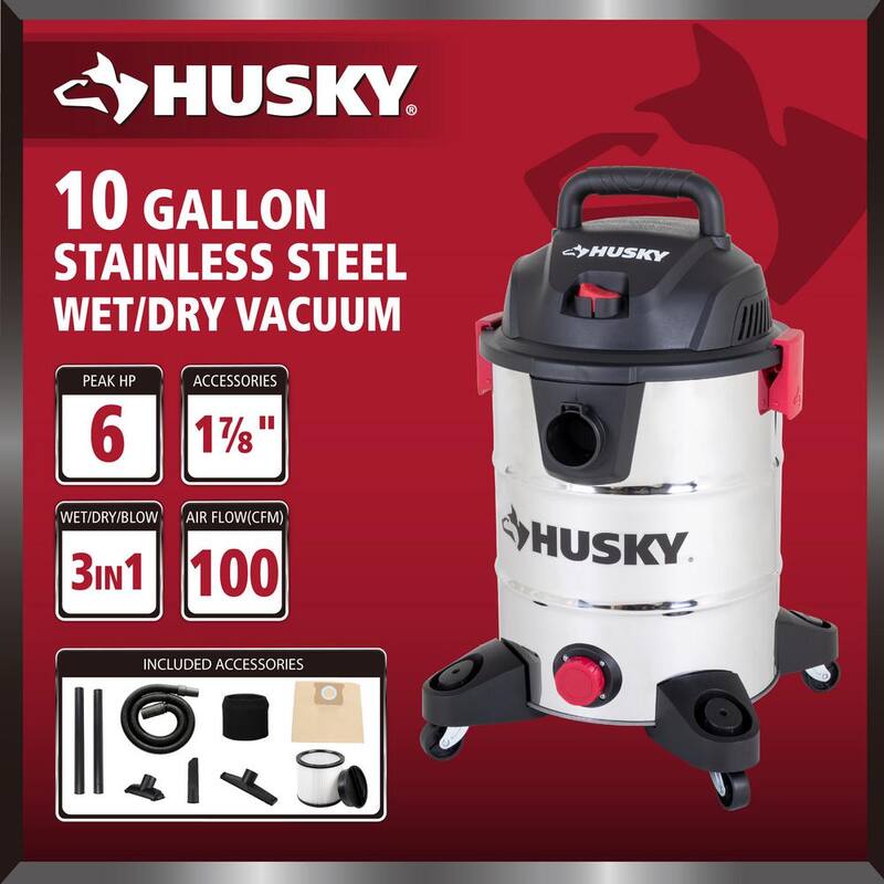 Husky 10 Gal. Stainless Steel Wet/Dry Vac with Filter, Hose, and Accessories - AT18503-10C