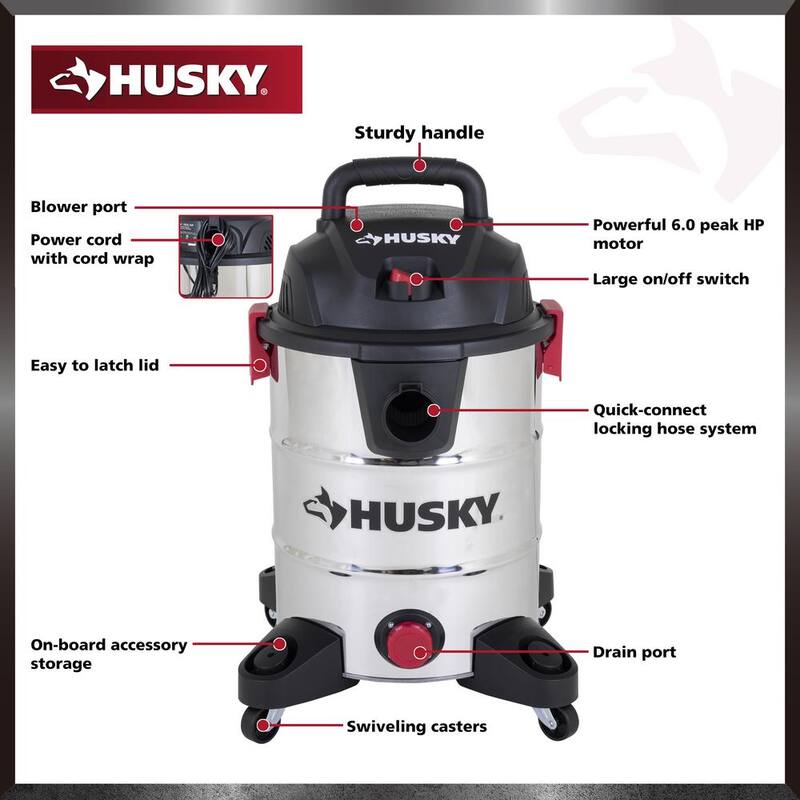 Husky 10 Gal. Stainless Steel Wet/Dry Vac with Filter, Hose, and Accessories - AT18503-10C