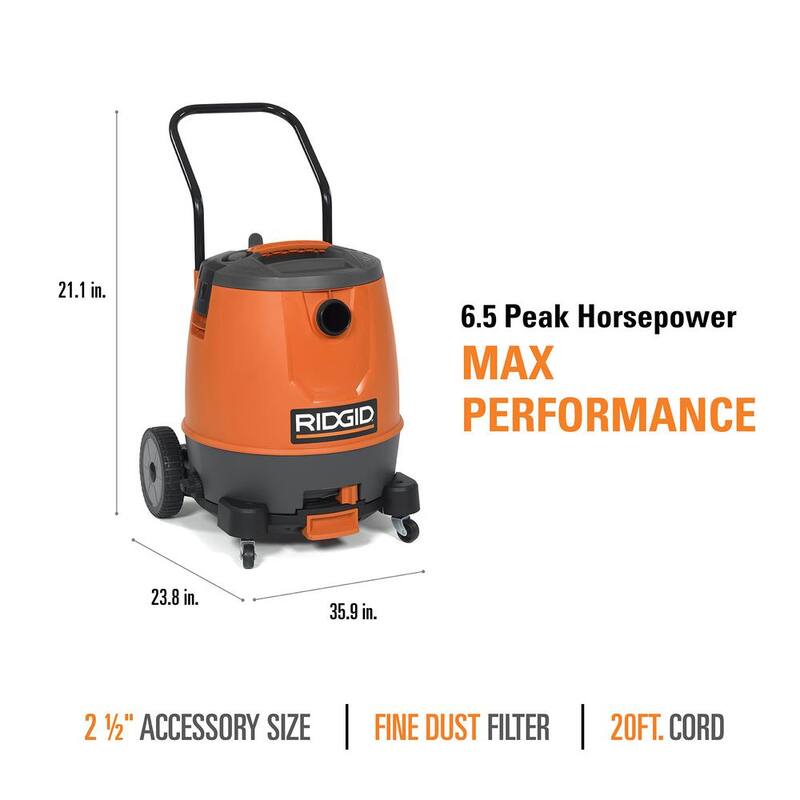 RIDGID 16 Gallon 6.5 Peak HP Motor-On-Bottom Shop Vac Wet Dry Vacuum with Fine Dust Filter, Hose and Accessory Attachments - MOB1600