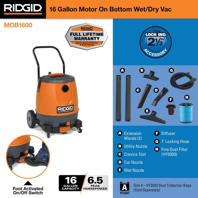 RIDGID 16 Gallon 6.5 Peak HP Motor-On-Bottom Shop Vac Wet Dry Vacuum with Fine Dust Filter, Hose and Accessory Attachments - MOB1600