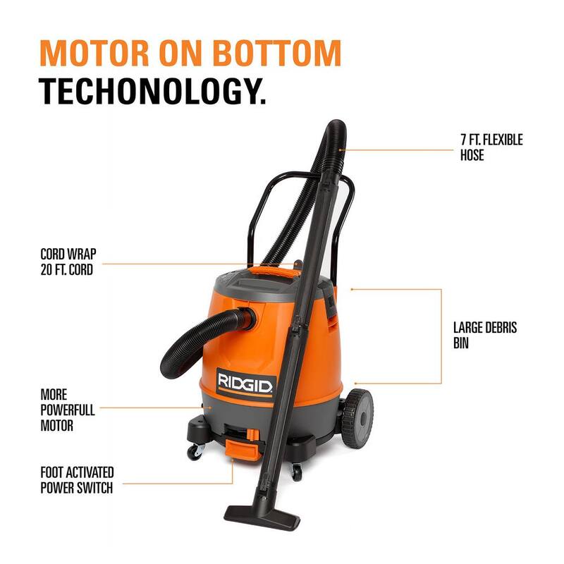 RIDGID 16 Gallon 6.5 Peak HP Motor-On-Bottom Shop Vac Wet Dry Vacuum with Fine Dust Filter, Hose and Accessory Attachments - MOB1600