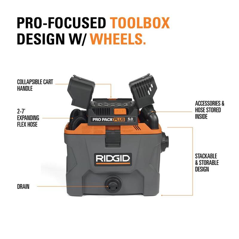 RIDGID 10 Gallon 5.0 Peak HP ProPack Plus Shop Vac Wet Dry Vacuum with Filter, Expandable Hose and Accessory Attachments - WD1022