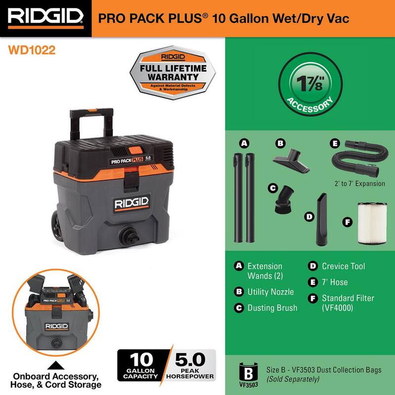 RIDGID 10 Gallon 5.0 Peak HP ProPack Plus Shop Vac Wet Dry Vacuum with Filter, Expandable Hose and Accessory Attachments - WD1022