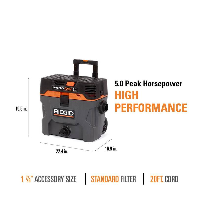RIDGID 10 Gallon 5.0 Peak HP ProPack Plus Shop Vac Wet Dry Vacuum with Filter, Expandable Hose and Accessory Attachments - WD1022