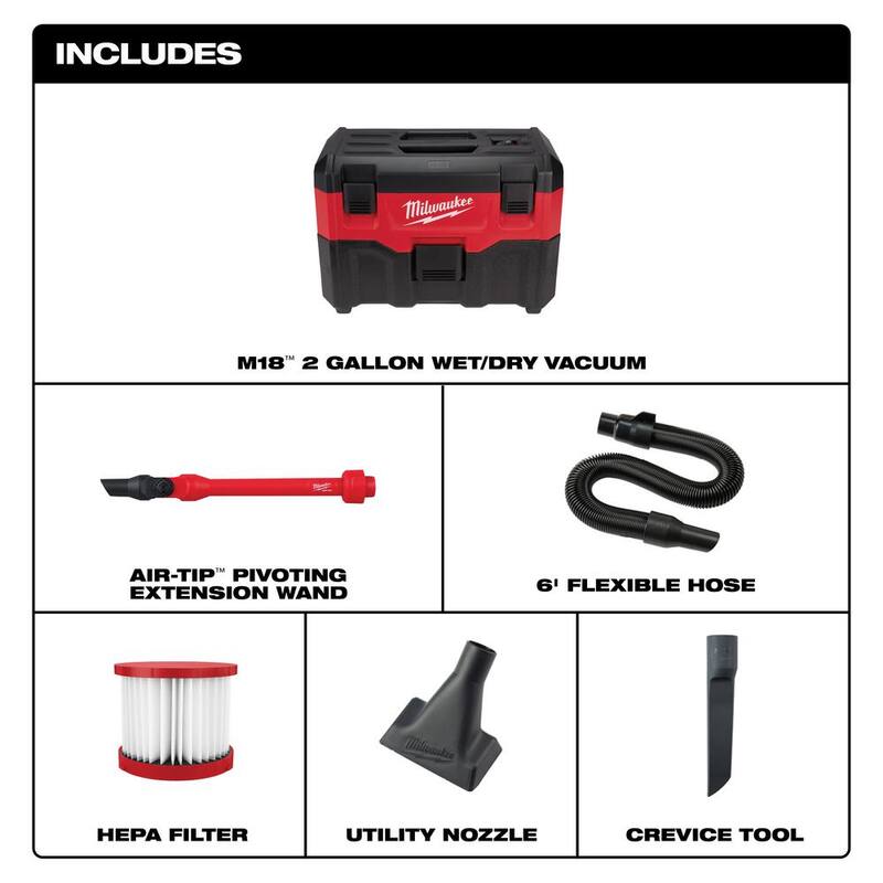 Milwaukee M18 18-Volt 2 Gal. Lithium-Ion Cordless Wet/Dry Vacuum and AIR-TIP 1-1/4 in. - 2-1/2 in. Pivoting Extension Wand - 0880-20-49-90-2031
