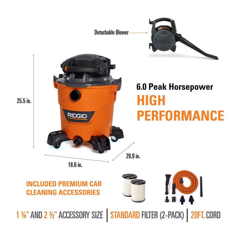 RIDGID 12 Gallon 6.0 Peak HP NXT Shop Vac Wet Dry Vacuum with Detachable Blower, 2 Additional Filters and Car Cleaning Kit - HD1280A