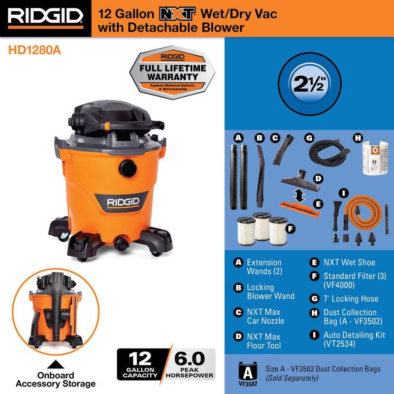 RIDGID 12 Gallon 6.0 Peak HP NXT Shop Vac Wet Dry Vacuum with Detachable Blower, 2 Additional Filters and Car Cleaning Kit - HD1280A