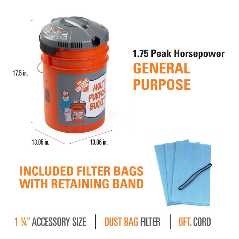 Bucket Head 5 Gallon 1.75 Peak HP Wet Dry Vacuum Powerhead Shop Vac with 3 Filter Bags, Hose (compatible with 5 Gal. Homer Bucket) - BH0100A