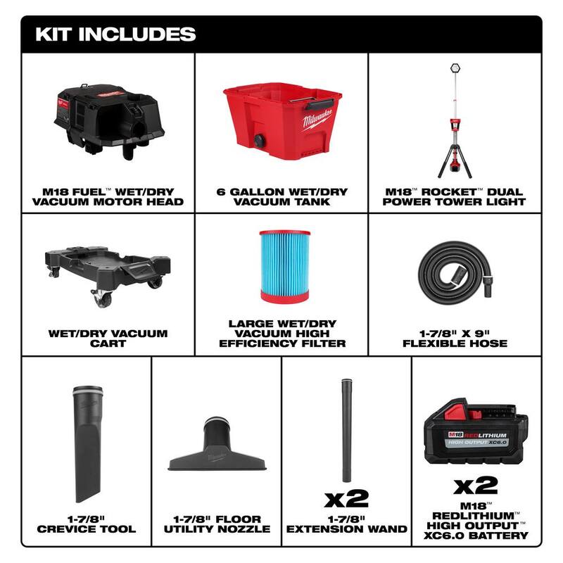 Milwaukee M18 FUEL 6 Gal. Cordless Wet/Dry Shop Vacuum & Rocket Dual Power Tower Light w/M18 High Output 6.0Ah Batteries (2-Pack) - 0910-20-2131-20-48-11-1862