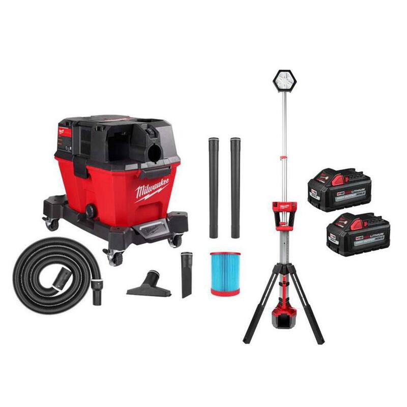 Milwaukee M18 FUEL 6 Gal. Cordless Wet/Dry Shop Vacuum & Rocket Dual Power Tower Light w/M18 High Output 6.0Ah Batteries (2-Pack) - 0910-20-2131-20-48-11-1862