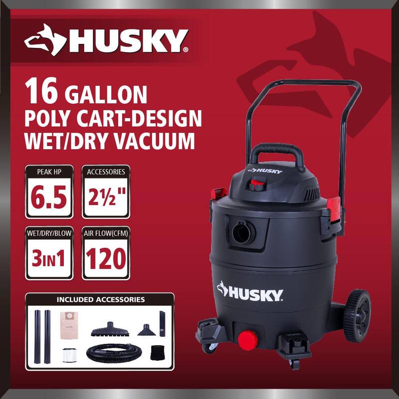 Husky 16 Gal. Poly Cart-Design Wet/Dry Vac with a Cartridge Filter, Hose, and Accessories - AT18621P-16A